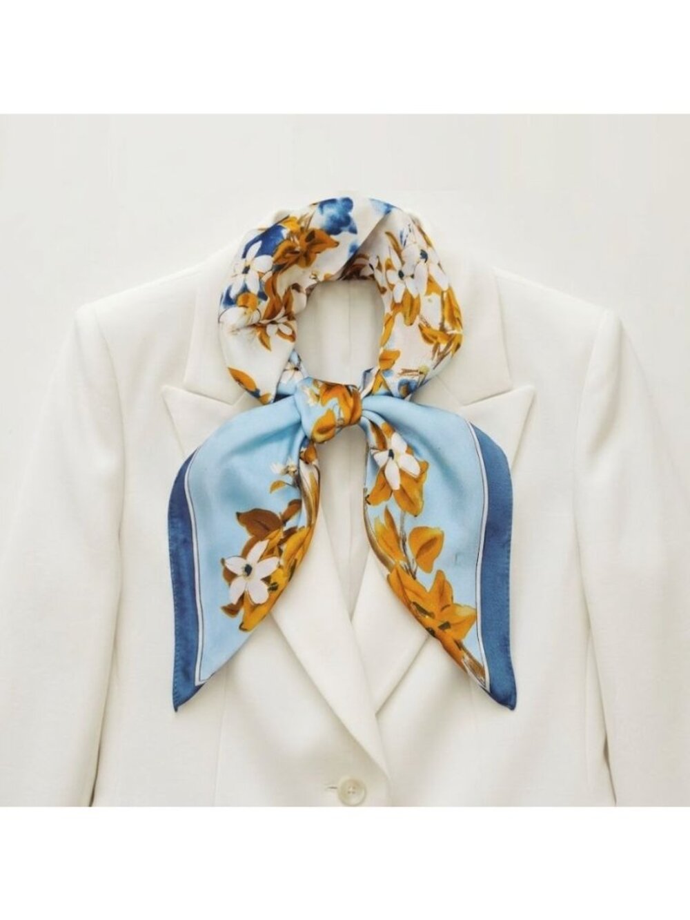 Luxurious Elegant Silky Square Scarf Blue White Orange Floral Blossom Wrap hijab - Picture 2 of 5